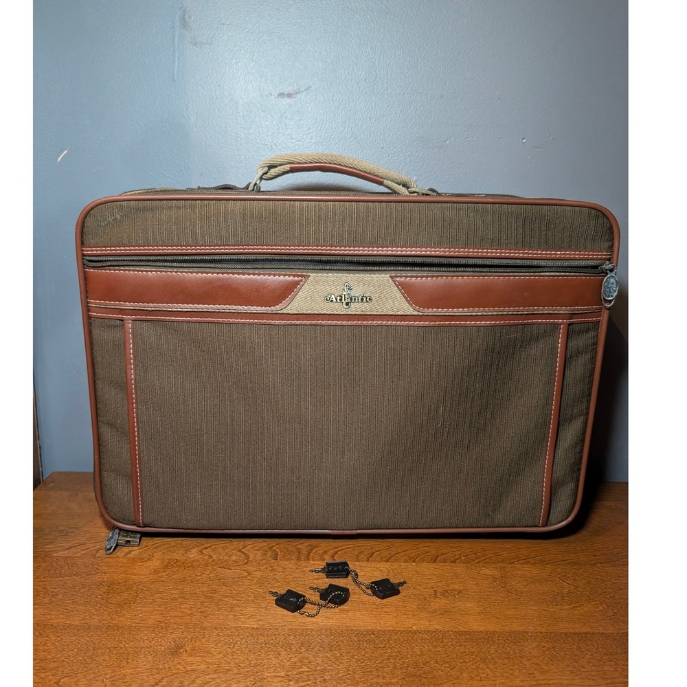 Vintage Atlantic USA Suitcase Brown Olive Corduroy Softshell Luggage with Keys